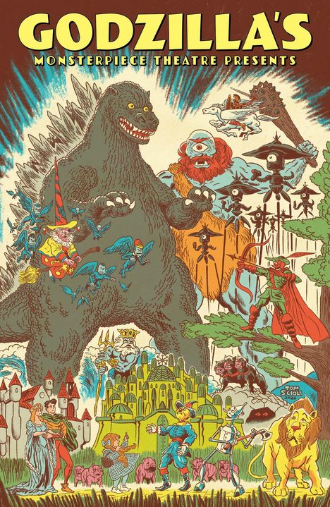 "Godzilla's Monsterpiece Theatre Presents" oben. Illustration mit Godzilla, Fabelwesen und Charakteren aus Märchen.