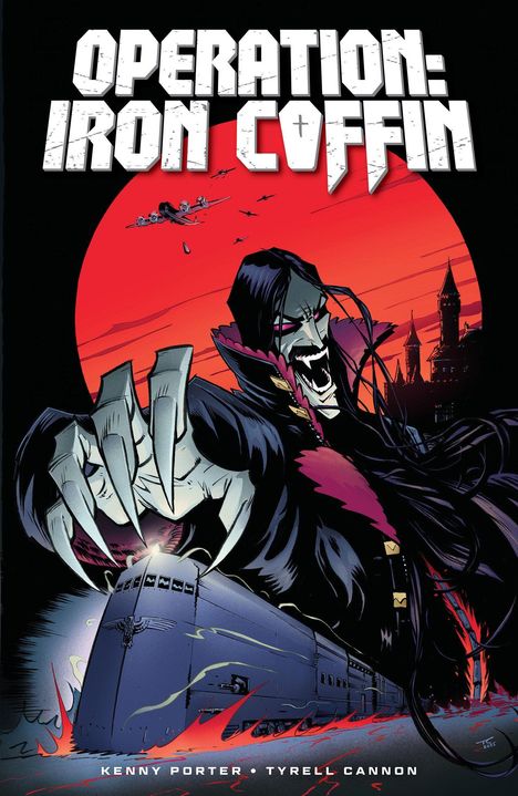 "OPERATION: IRON COFFIN" in großen Buchstaben mit einem Vampir, der seine Krallen zeigt, vor einem roten Mond und einem Zug.