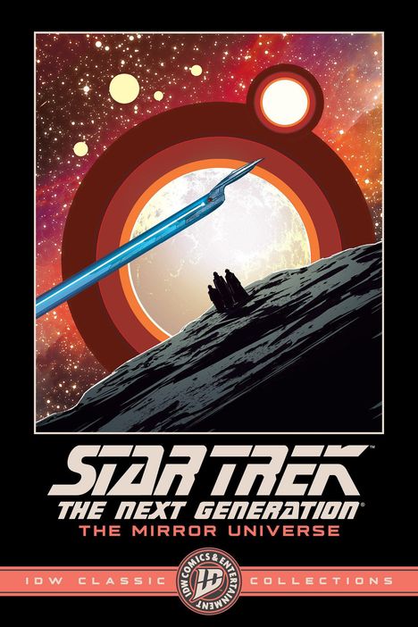 „Star Trek: The Next Generation: The Mirror Universe“. Sci-Fi-Landschaft mit Planeten, Silhouetten, Raumschiff.