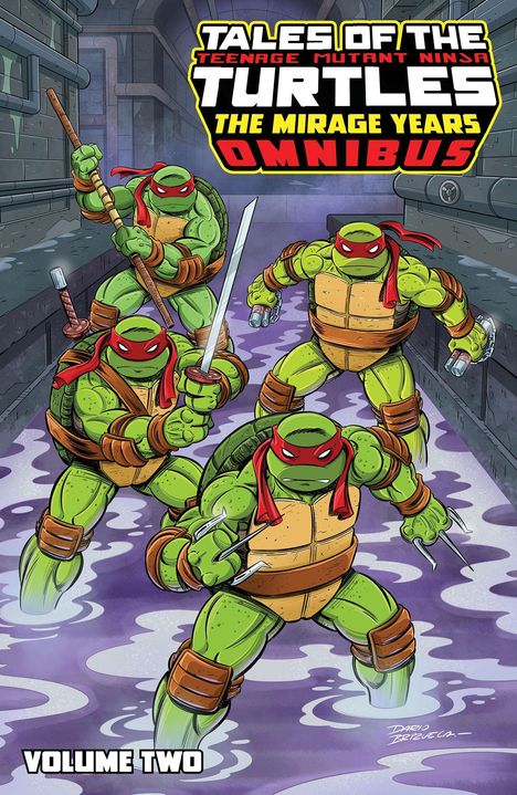 "Tales of the Teenage Mutant Ninja Turtles: The Mirage Years Omnibus. Volume Two." Vier Schildkröten mit Waffen im Wasser.