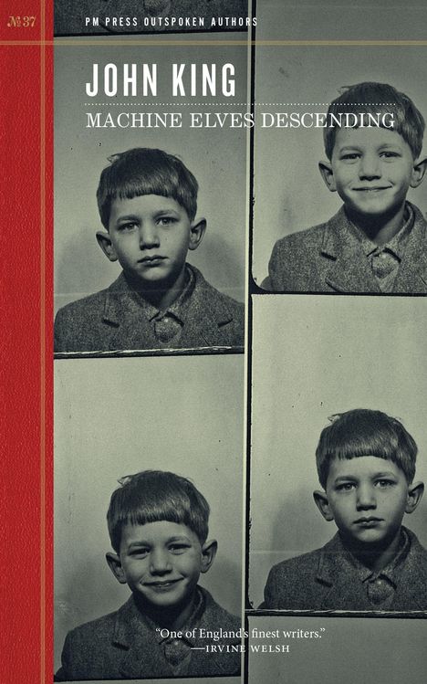 "John King: Machine Elves Descending." Vier Porträtfotos eines Jungen in einem Anzug, links rote Buchkante.