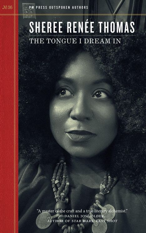 "SHEREE RENÉE THOMAS: THE TONGUE I DREAM IN." Schwarz-weiß Porträt einer Frau mit voluminösem Haar und Schmuck.