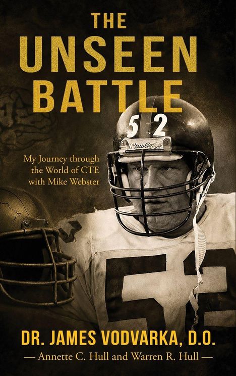 Buchtitel: The Unseen Battle. Ein Footballspieler in Ausrüstung, Helmnummer 52, ernstes Gesicht.