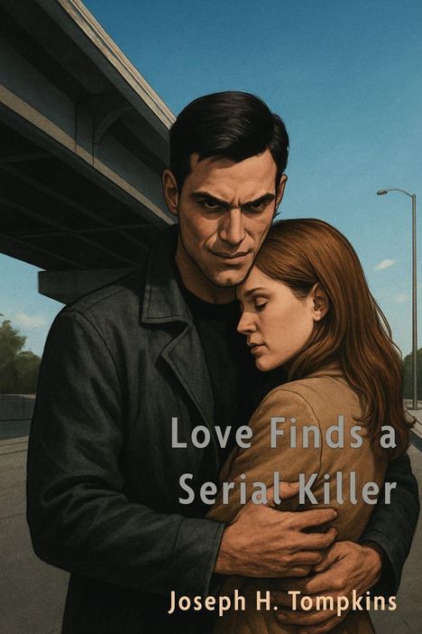 Text: „Love Finds a Serial Killer“ und „Joseph H. Tompkins“. Ein Paar umarmt sich unter einer Brücke.