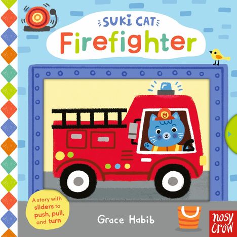 „Suki Cat Firefighter“. Illustration einer blauen Katze in einem roten Feuerwehrauto mit Vogel und buntem Muster.