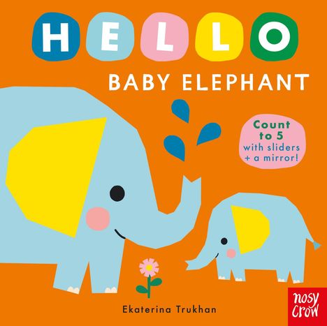 Cover mit Texten: "HELLO BABY ELEPHANT", "Count to 5 with sliders + a mirror!", "Ekaterina Trukhan". Zwei stilisierte Elefanten.