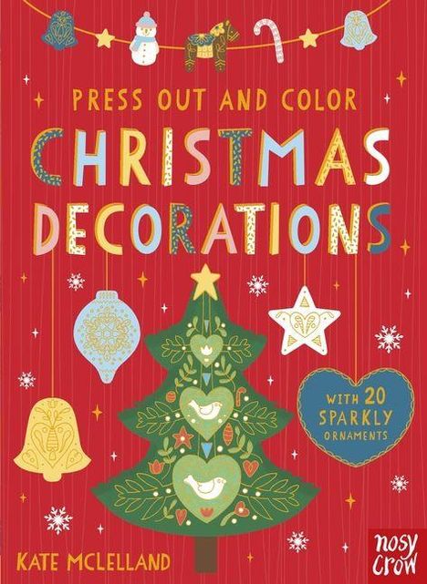 Text: "Press Out and Color Christmas Decorations with 20 Sparkly Ornaments". Illustration eines Weihnachtsbaums mit Deko.