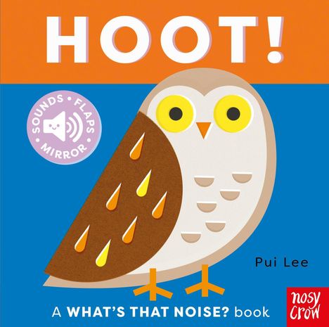 Text: "HOOT!", "SOUNDS • FLAPS • MIRROR", "Pui Lee", "A WHAT'S THAT NOISE? book". Illustration einer Eule.