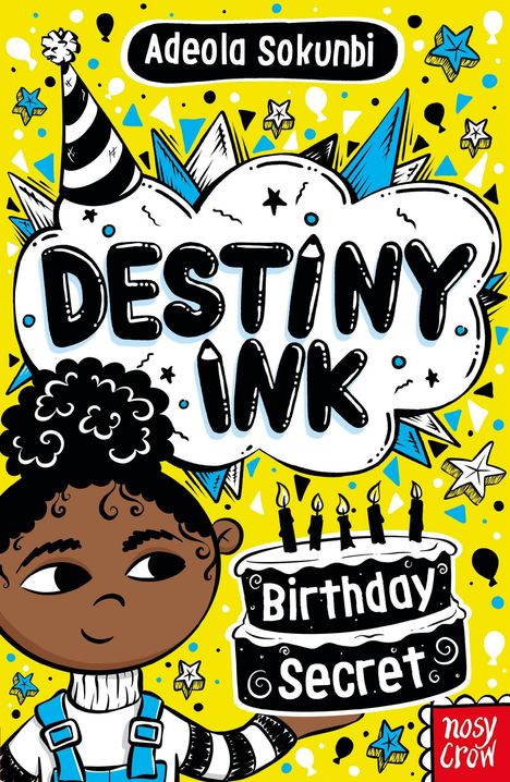 Titel: "Destiny Ink: Birthday Secret". Eine farbenfrohe Illustration mit einem Kind und einer Geburtstagstorte.