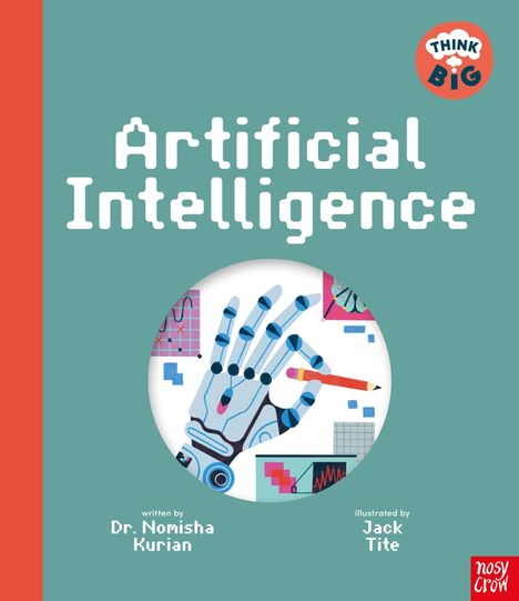 "Artificial Intelligence" in weißer Schrift auf grünem Hintergrund. Roboterhand hält Stift, Grafiken im Hintergrund.