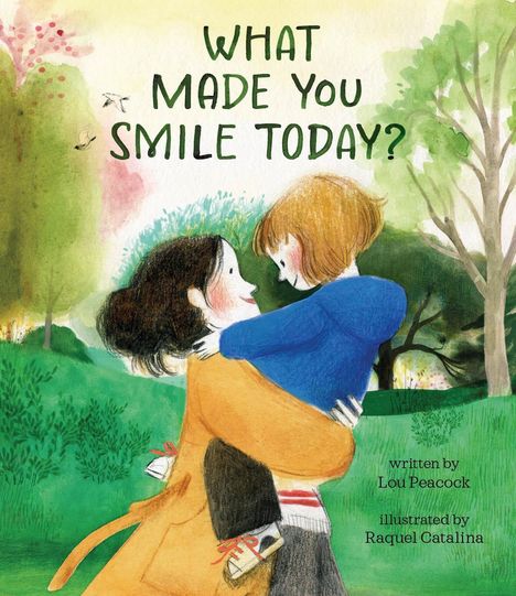 "What made you smile today?" Zärtliche Umarmung zwischen einer Frau im gelben Mantel und einem Kind im blauen Pullover.