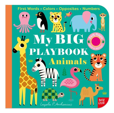"My BIG PLAYBOOK Animals" in großen Buchstaben. Oben sind Tiere: Giraffe, Zebra, Elefant, Tiger, und mehr. Bunte, kindliche Illustration.