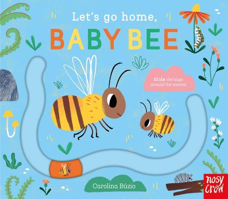 Text: "Let's go home, BABY BEE" und "Slide the bugs around the scenes!" Illustration von Bienen, Pflanzen und einem schlängelnden Pfad.