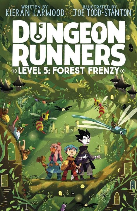 "Dungeon Runners: Level 5: Forest Frenzy". Drei Figuren stehen in einem lebendigen, grünen Wald voller Fantasiewesen.