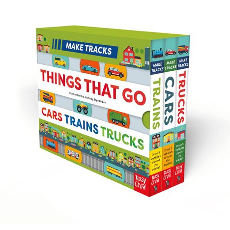 Box-Set mit Büchern: "Make Tracks", "Things That Go", "Cars", "Trains", "Trucks". Bunte Illustrationen von Fahrzeugen.