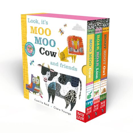 "Look, it's MOO MOO Cow and friends." Ein Buchset mit bunten Tierillustrationen: Kuh, Löwe, Eule. Links eine Biene und Schmetterlinge.