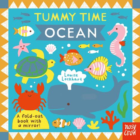 „Tummy Time Ocean“, tierische Illustrationen: Schildkröte, Wal, Seepferdchen, Krabbe, Fische in bunten Farben.
