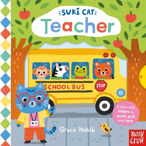 "SUKI CAT Teacher" zeigt einen Cartoon-Katzenlehrer vor einem Schulbus mit Tierkindern, bunten Farben und Baum.