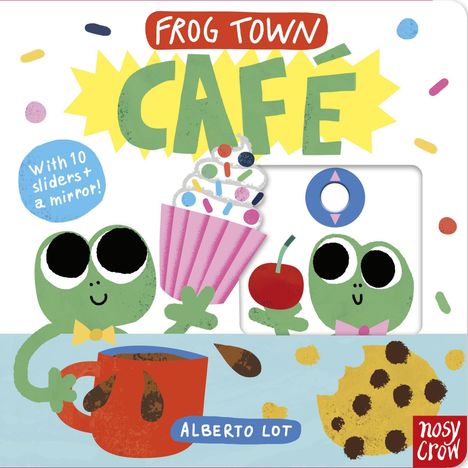 "Frog Town Café" steht groß im Bild. Zwei grüne Frösche halten Eis und eine Kirsche. Verspielte, bunte Illustration mit Dessertmotiv.