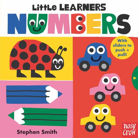 Titel "Little LEARNERS NUMBERS", gelbe Blase "With sliders to push + pull!", bunte Autos und ein Marienkäfer.