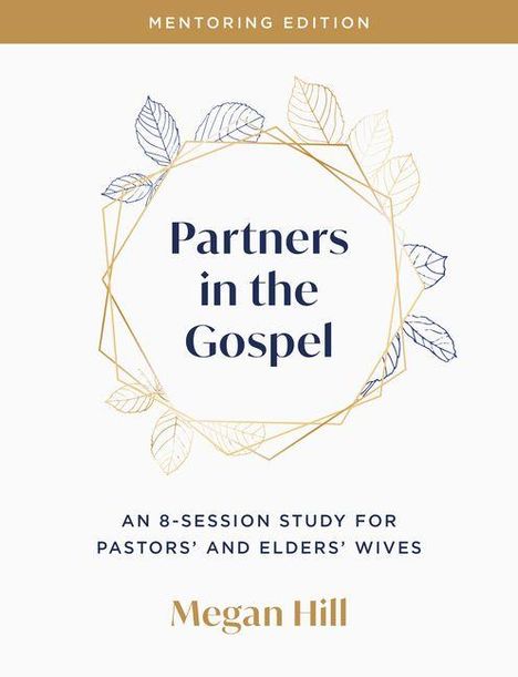 "Partners in the Gospel" steht in einem zentralen hexagonalen Rahmen, umgeben von stilisierten Blättern.