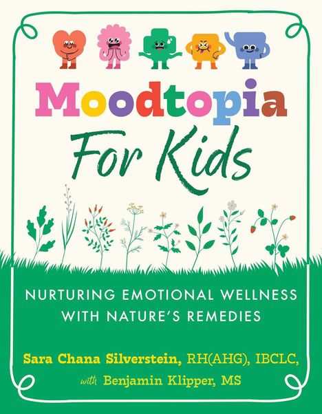 "Moodtopia For Kids" in bunten Buchstaben, darunter Pflanzenillustrationen und Charaktere mit verschiedenen Gesichtsausdrücken.
