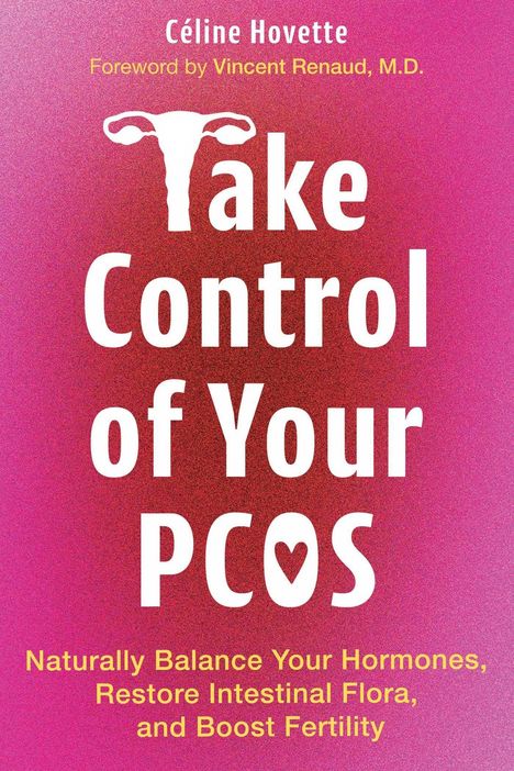 Text: "Céline Hovette", "Take Control of Your PCOS", gelber Hintergrundverlauf, Uterus-Symbol.