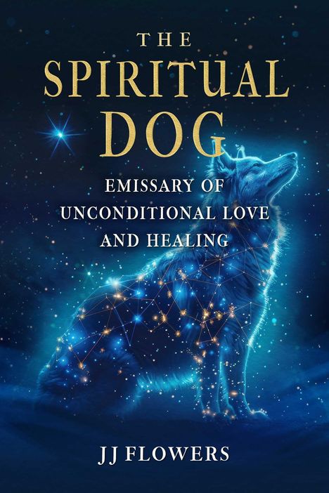 "The Spiritual Dog: Emissary of Unconditional Love and Healing" von JJ Flowers. Leuchtender Hund im Sternenmotiv.