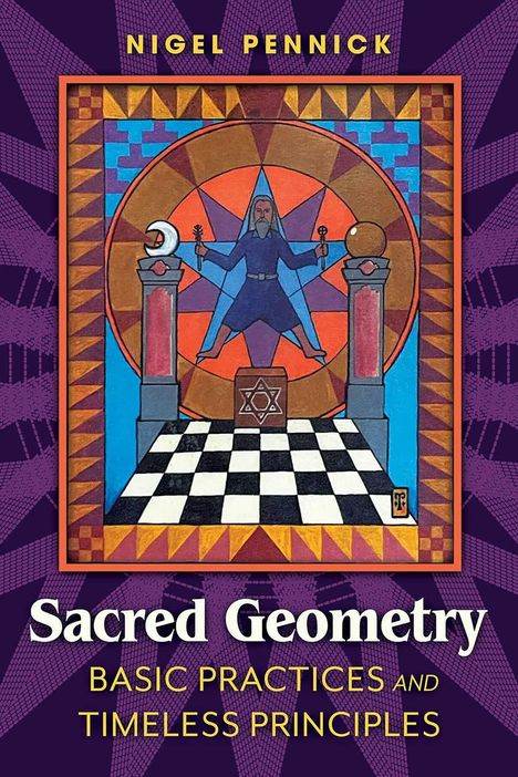 "Sacred Geometry" Illustration mit buntem geometrischem Muster, Symbolen und einem Mann in Pose.