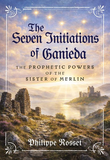 „The Seven Initiations of Ganieda: The Prophetic Powers of the Sister of Merlin“ steht über einer malerischen Landschaft mit einem Schloss.