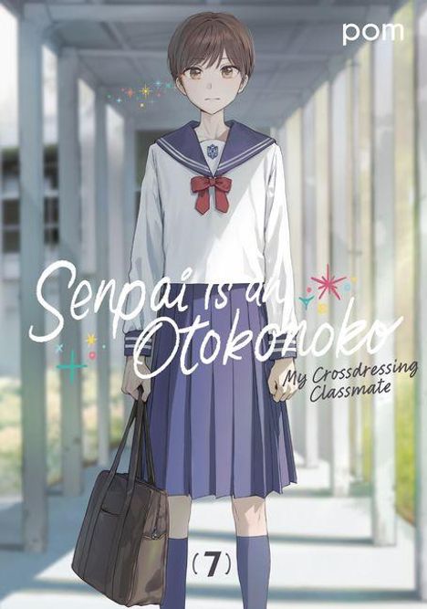 Text: "Senpai is an Otokonoko: My Crossdressing Classmate." Illustration eines Schülers in Mädchenuniform mit brauner Tasche.