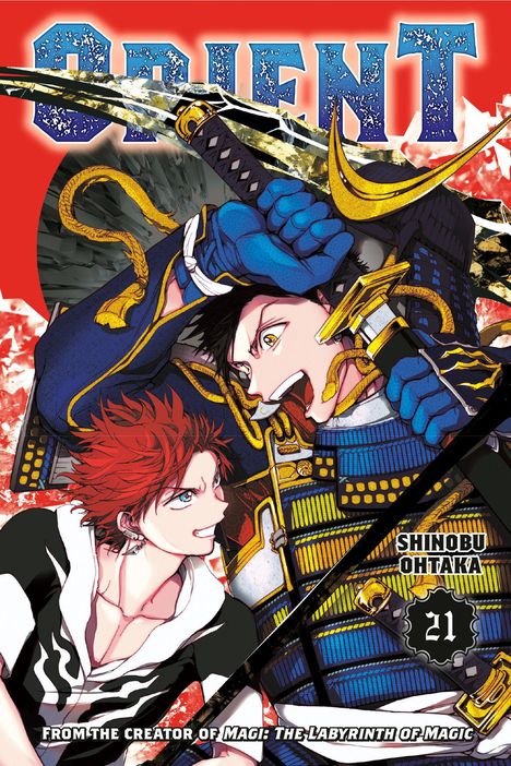 „ORIENT“, „SHINOBU OHTAKA“, „21“. Zwei Figuren in dynamischer Pose, roter und blauer Hintergrund. Anime-Stil.