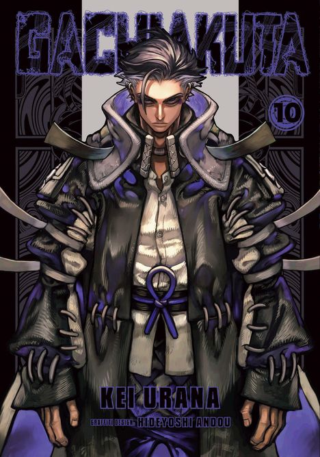 Texts: „Gachiakuta“, „Kei Urana“, „Graffiti Design: Hideyoshi Andou“, „10“. Illustration: Mann in aufwändigem Mantel.