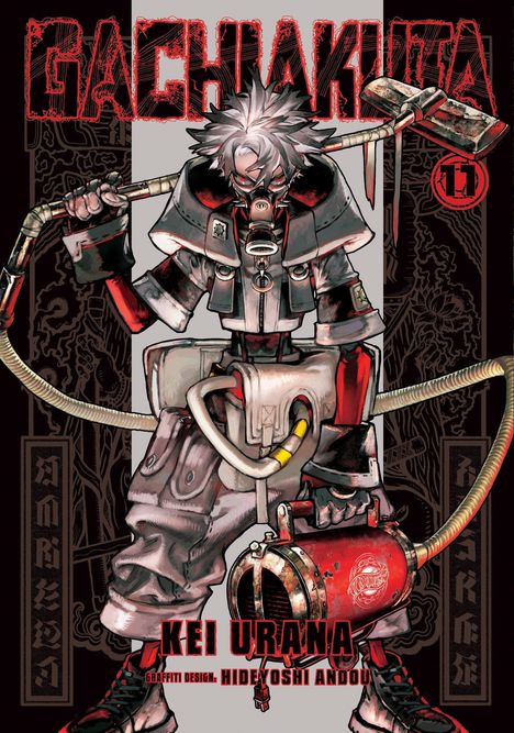 "GACHIYAKUTA" steht oben. Illustration eines Charakters in Schutzkleidung mit Maske und großen Werkzeugen.