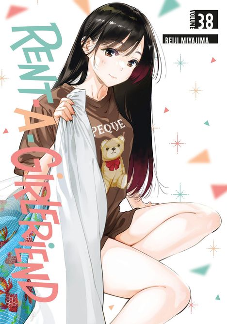 Text: "RENT-A-GIRLFRIEND", "VOLUME 38", "REIJI MIYAJIMA". Eine Manga-Abbildung eines Mädchens, das ein T-Shirt mit einem Teddybär trägt.