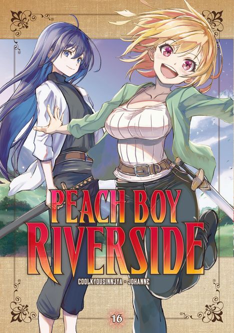 "PEACH BOY RIVERSIDE" steht zentral. Zwei fröhliche Figuren in Abenteurerkleidung mit Schwertern lächeln.