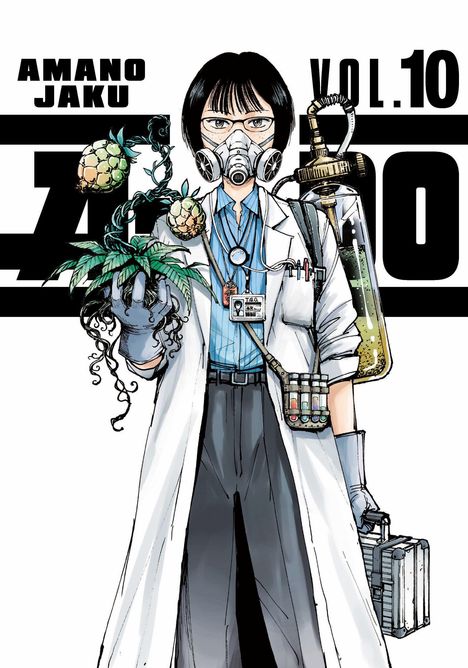 Oben steht "AMANO JAKU VOL.10". Eine Person im Laborkittel mit Maske, Pflanzen und Fläschchen.