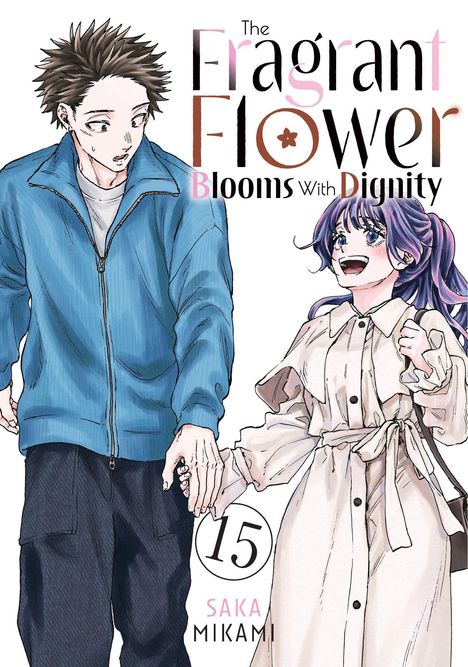 „The Fragrant Flower Blooms With Dignity. 15. Saka Mikami.“ Zwei junge Menschen halten Hände; er trägt Blau, sie ein Kleid.