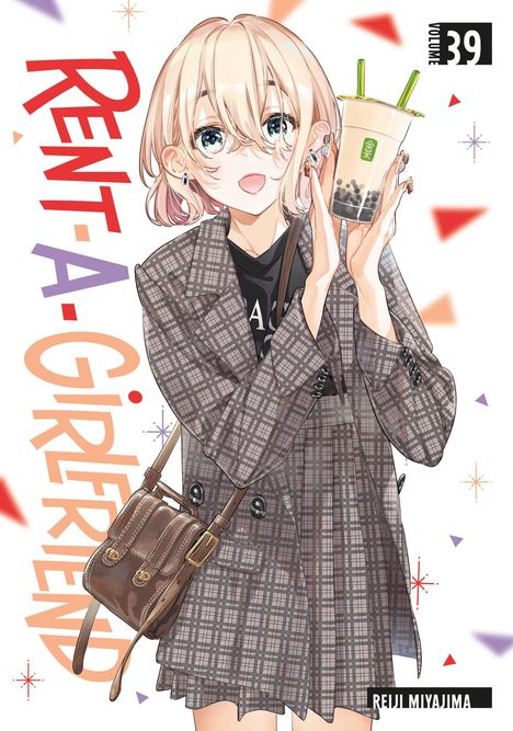 „Rent-A-Girlfriend Volume 39“. Anime-Mädchen mit blonden Haaren hält ein Getränk, trägt karierten Mantel.