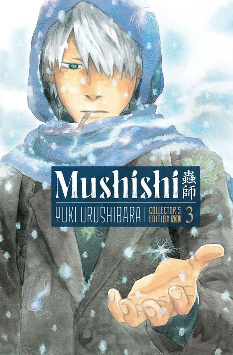 „Mushishi“, Yuki Urushibara, Collector's Edition Vol. 3. Illustration: Mann mit Kapuze im Schneefall, hält eine Hand offen.
