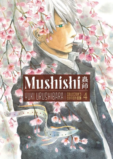 „Mushishi“ von Yuki Urushibara, Collector’s Edition Vol. 4. Ein Mann mit weißem Haar steht neben Kirschblüten.
