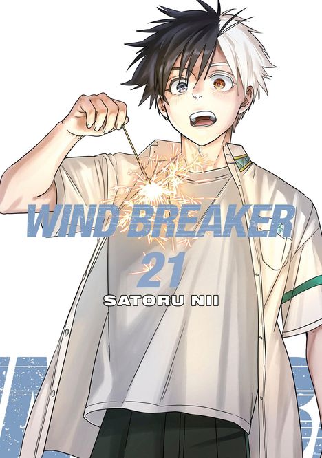 "WIND BREAKER 21, SATORU NII." Ein Junge hält eine Wunderkerze, lächelt überrascht. Anime-Stil mit zweifarbigen Haaren.