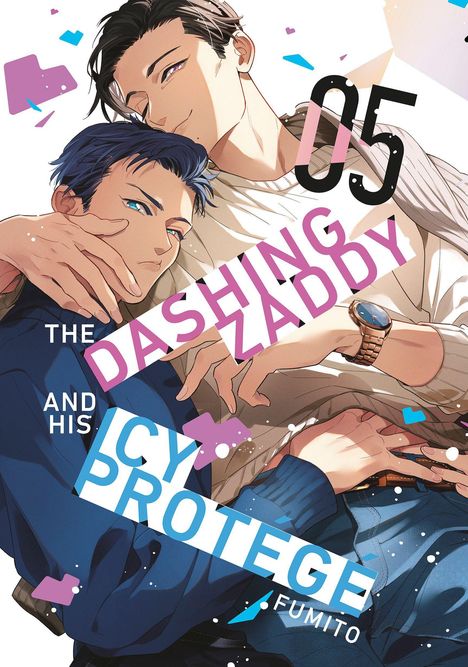„The Dashing Zaddy and His Icy Protégé 05“ und „Fumito“. Zwei stilisierte Männer in enger Umarmung.