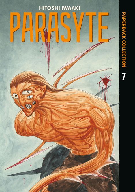 Text: Hitoshi Iwaaki, Parasyte, Paperback Collection 7. 

Illustration: Ein orangefarbenes, wurmartiges Wesen mit vielen Augen und spitzen Klingen.
