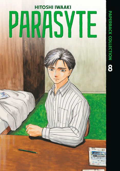 „Hitoshi Iwaaki PARASYTE“ oben in Grün. Rechts steht „PAPERBACK COLLECTION 8“. Mann in Hemd sitzt am Tisch.