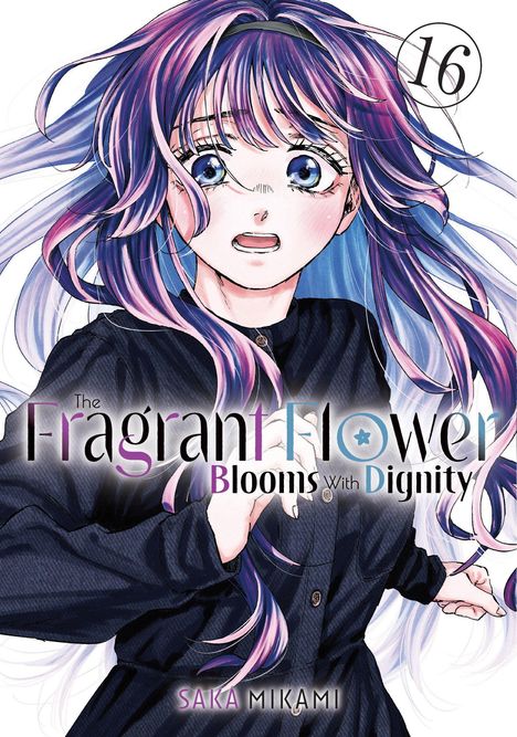 „The Fragrant Flower Blooms with Dignity“, Bandnummer „16“, Autor „Saka Mikami“. Junge Frau mit lila Haaren.