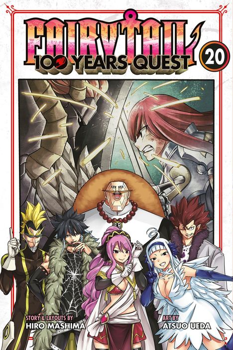 "FAIRY TAIL 100 YEARS QUEST 20." Illustrationen von Charakteren in dynamischen Posen mit Rüstungen und bunten Outfits.
