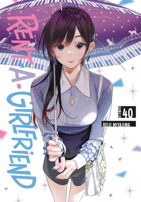 Text: „Rent-A-Girlfriend“, „Volume 40“, Reiji Miyajima. Junge Frau hält bunten Regenschirm mit Katzen. Manga-Stil.