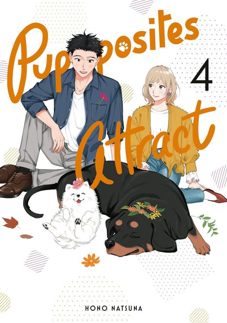 "Pupposites Attract" und die Zahl 4 sind in großen, verspielten Buchstaben. Zwei Menschen sitzen mit zwei Hunden.