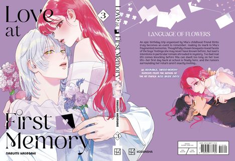 Der Text "Love at First Memory" ziert ein Cover mit zwei Figuren, eine mit roten, eine mit weißen Haaren, die Blumen halten.